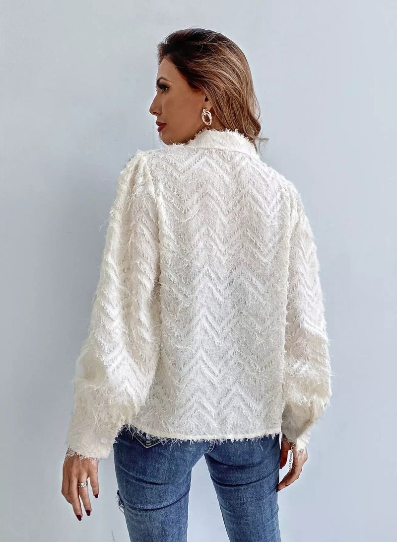 Lapel Collar Puff Sleeve Fuzzy Blouse  - Image 2