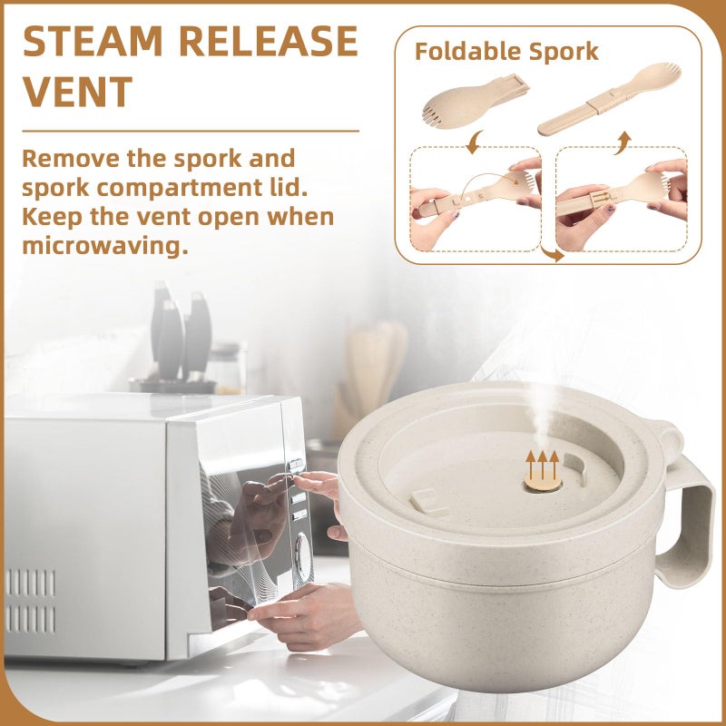 Maxdot 4 Pcs Microwave Ramen Bowl Microwavable Instant Soup Cups with Lids Large Soup Bowls with Handles Dishwasher Safe Mug for Cereal Food Container(Wheat Color) - Image 4