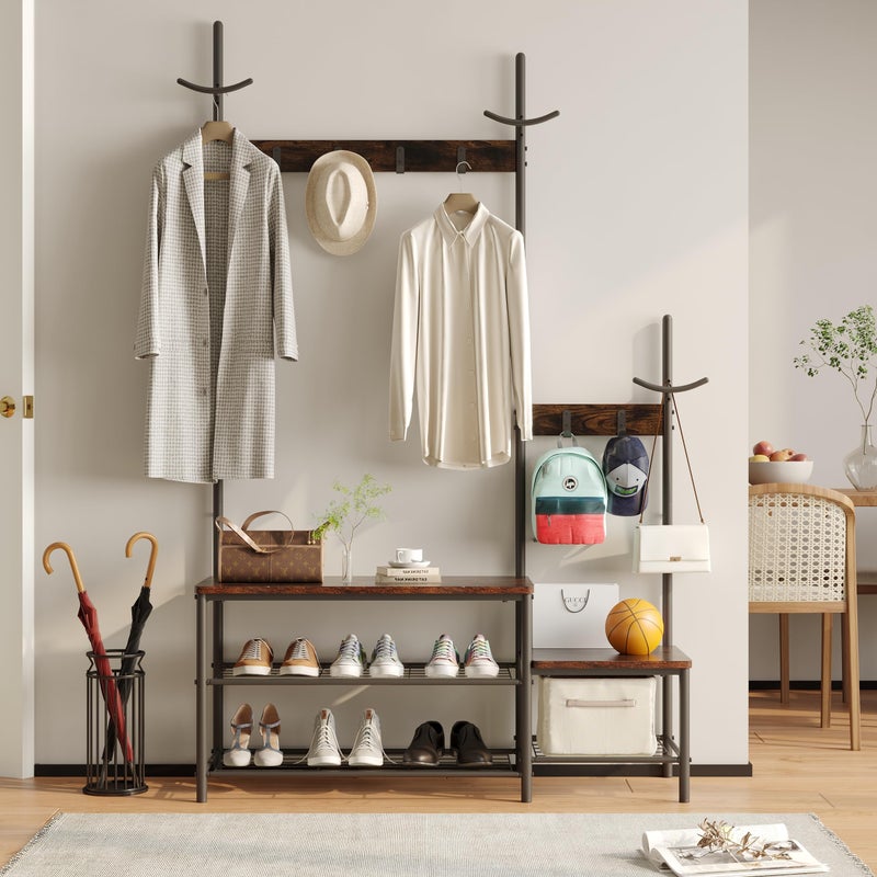 CHARAVECTOR CharaVector Hall Tree Coat Rack Shoe Bench Industrial Design 3in1 Rustic Brown