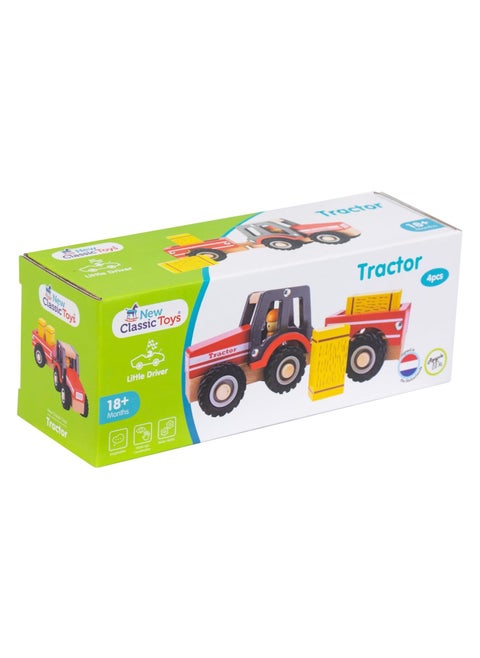 New Classic Toys Wooden Tractor with Hay Stacks 4-Part Toy, Red