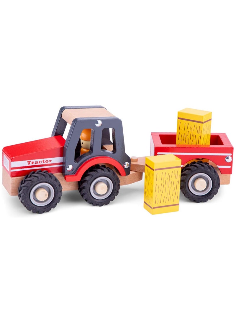 New Classic Toys Wooden Tractor with Hay Stacks 4-Part Toy, Red