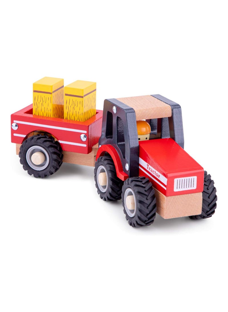 New Classic Toys Wooden Tractor with Hay Stacks 4-Part Toy, Red