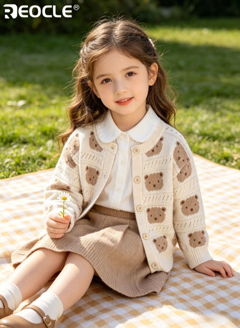 REOCLE Kid's Bear Sweater with Core-Spun Yarn and Cartoon Design Cardigan with Soft Comfort for Autumn Spring Fashion - Image 1