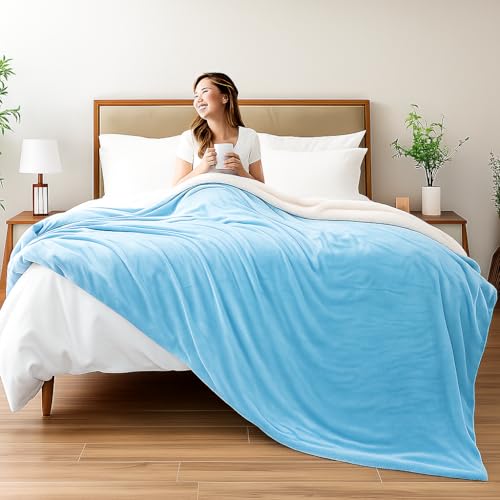 CHANDRAVATI Double Bed Premium Polyester Micromink Mild Winter/Heavy Winter Sherpa Blanket Super Soft Flannel Solid/Plain || (Sky Blue) - Image 3