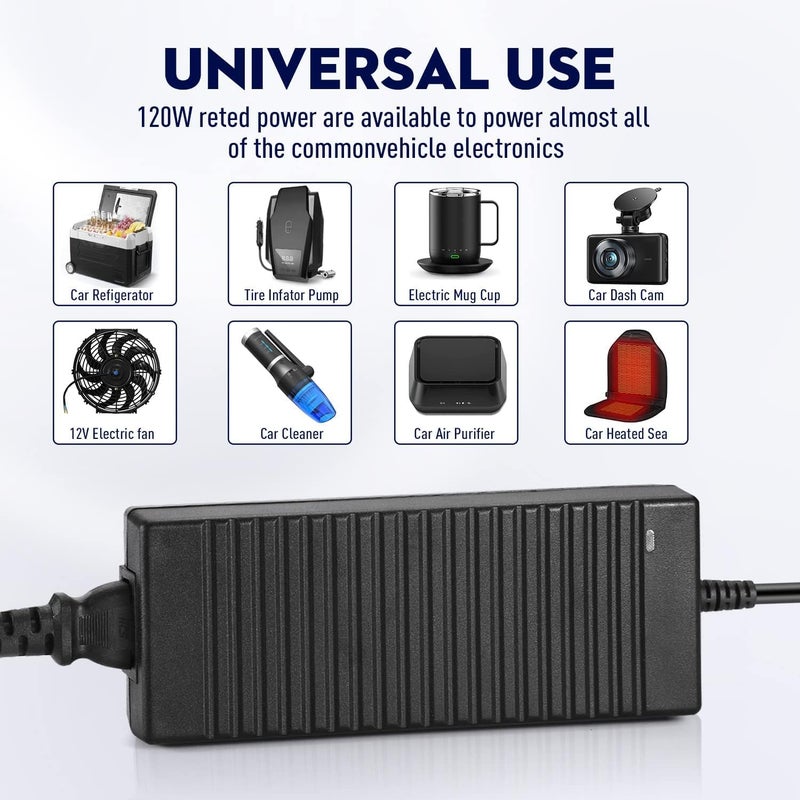 Murcy AC to DC Converter: 100V~240V to 12V 10A 120W - Versatile Car Cigarette Lighter Socket Adapter for Tire Inflators, Car Refrigerators, Vacuums, and More - Image 2