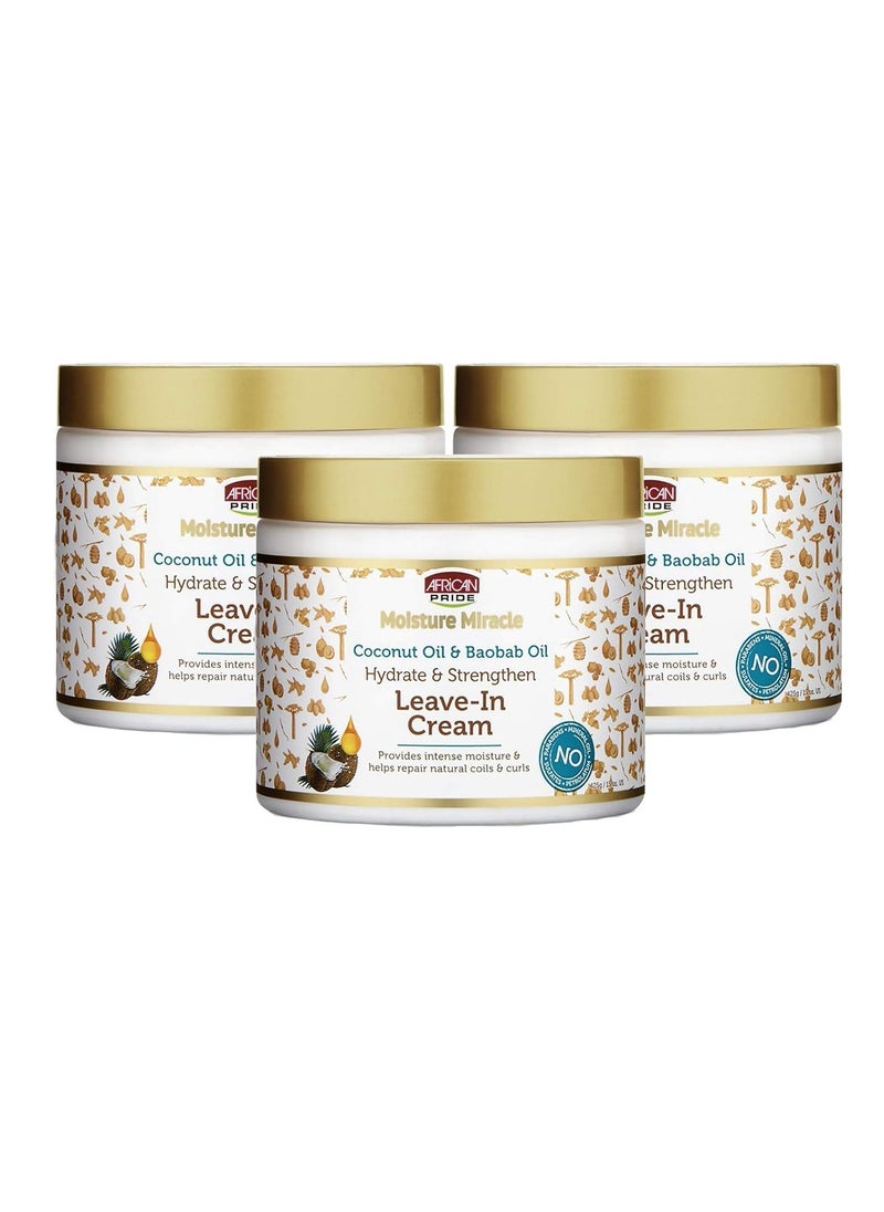 African Pride African Pride Moisture Miracle Coconut Oil & Baobab Oil Leave-In Cream - Provides Intense Moisture & Helps Repair Natural Coils & Curls, Hydrates & Strengthens, 15 oz (3 Pack)  - Image 1