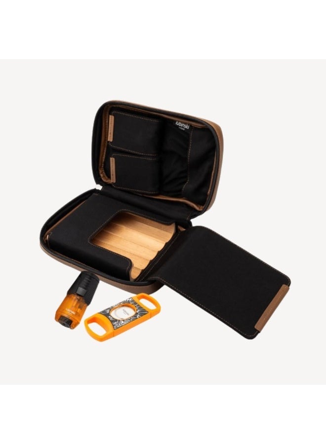 Lubinski Portable Luxury Travel Cigar Leather Cigar Case With Cigar Cutter & Lighter Leather Case with Cedar Wood Tray Holds 5 Pieces - Image 3