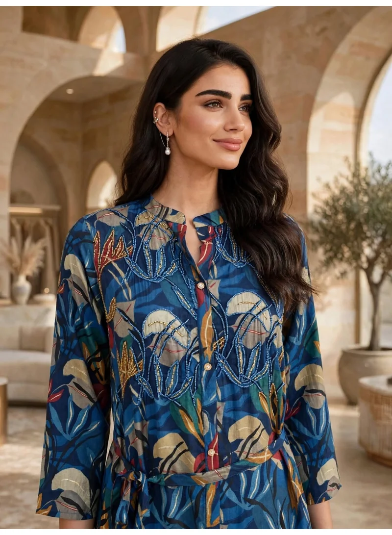 Ikkxa IKKXA Elegant Floral Print Long Sleeve Jalabiya IK23Blue