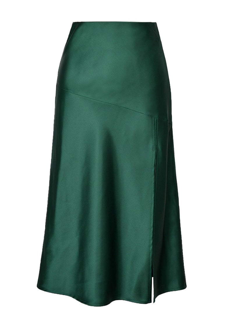 Loquat - Women's Solid Color Satin Midi Skirt High Waist Swing Midi Skirt With Side Slit Dark Green - Image 1