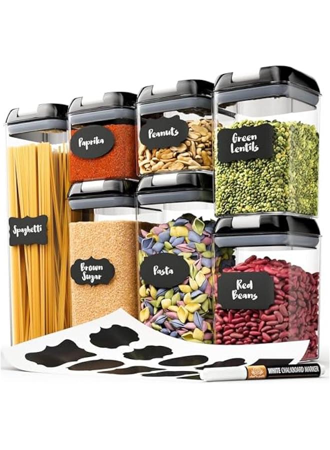 Set of 7 Airtight Food Storage Containers for Kitchen Storage - Clear Plastic - Durable Strong Lids - Labels and Chalk Marker