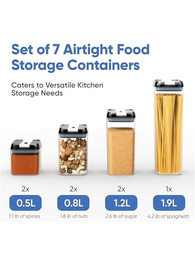 Set of 7 Airtight Food Storage Containers for Kitchen Storage - Clear Plastic - Durable Strong Lids - Labels and Chalk Marker