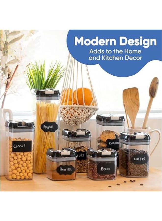 Set of 7 Airtight Food Storage Containers for Kitchen Storage - Clear Plastic - Durable Strong Lids - Labels and Chalk Marker