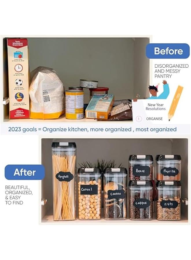 Set of 7 Airtight Food Storage Containers for Kitchen Storage - Clear Plastic - Durable Strong Lids - Labels and Chalk Marker