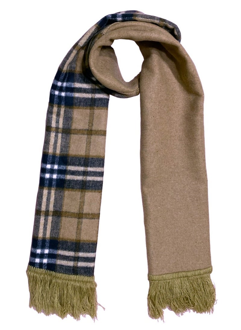 Scarf Collections - Double Face Solid & Plaid Check/Carreau/Stripe Pattern Wool Winter Scarf/Shawl/Wrap/Keffiyeh/Headscarf/Blanket For Men & Women - Small Size 30x150cm - P09 Camel / Navy Blue - Image 1