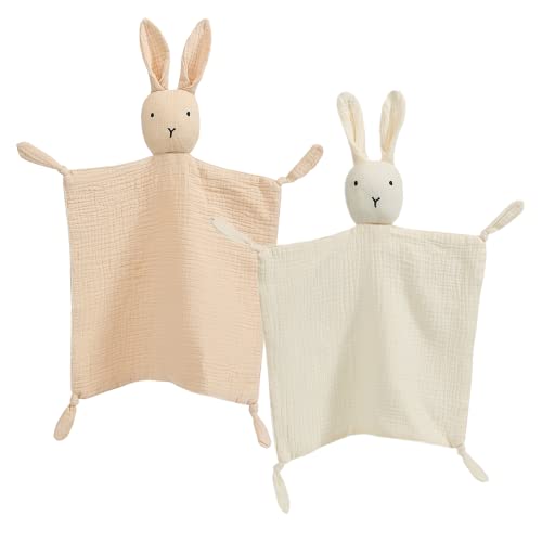insular Bunny Lovey Blanket for Boys and Girls Organic Cotton Muslin Security Blanket for Babies Soft Breathable Lovie Soothing Towel for Newborn and Infant 2 Pcs Set BeigeKhaki - Image 1