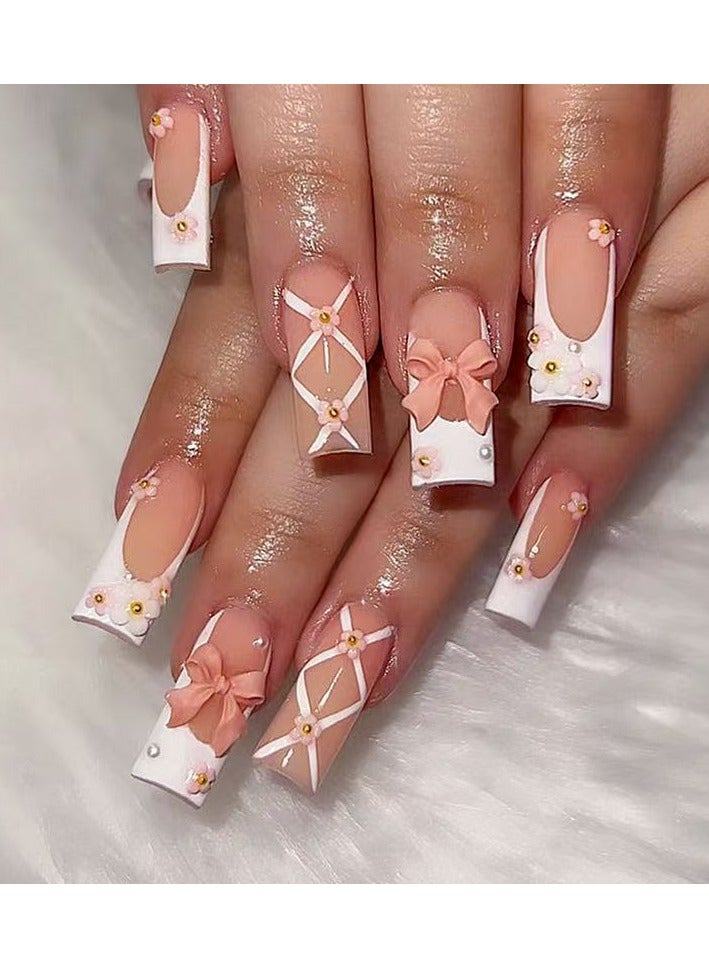 Goolsky French Tip Press on Nails Short Square Shape Bow Charms Fake Nails with Print Designs Reusable Pink Bows False Nails Acrylic Nails Glue on Nails for Women Girls Reusable Nail Kit - Image 1