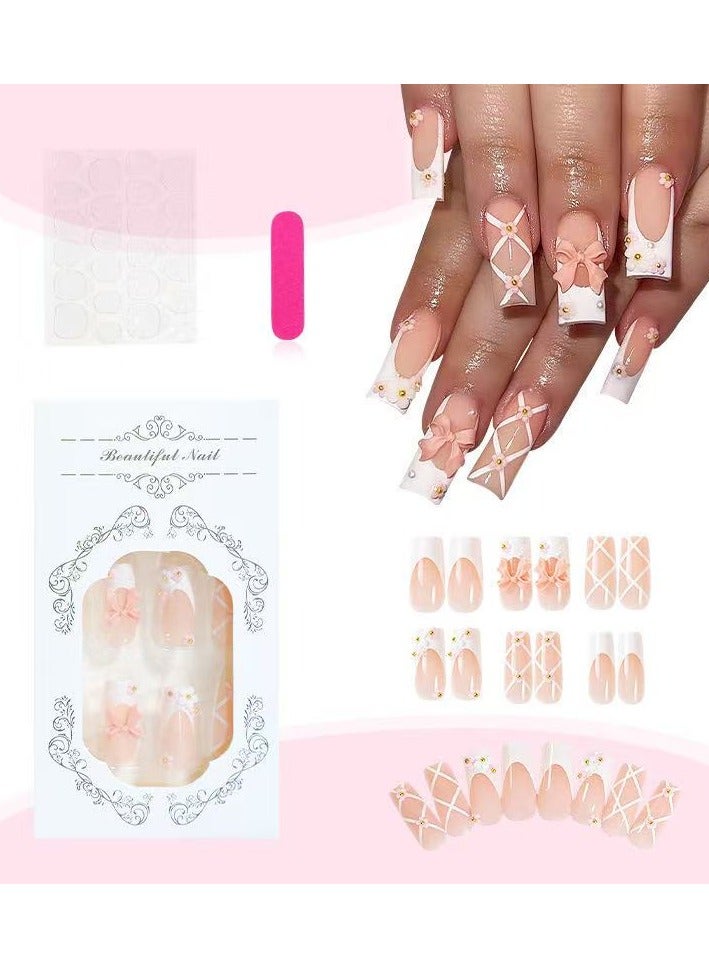 Goolsky French Tip Press on Nails Short Square Shape Bow Charms Fake Nails with Print Designs Reusable Pink Bows False Nails Acrylic Nails Glue on Nails for Women Girls Reusable Nail Kit - Image 2