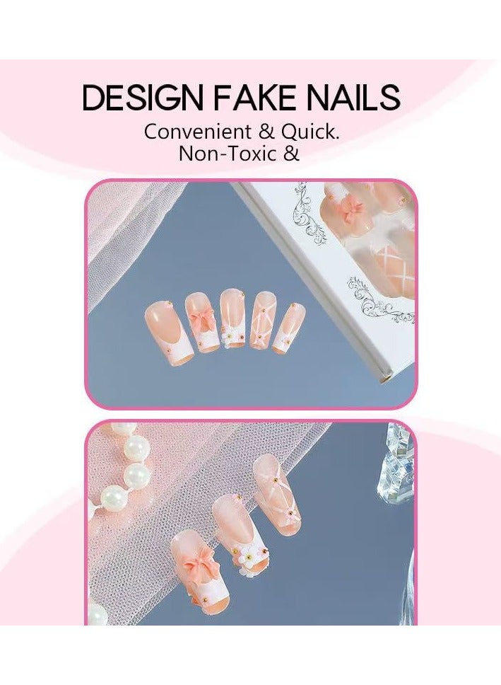 Goolsky French Tip Press on Nails Short Square Shape Bow Charms Fake Nails with Print Designs Reusable Pink Bows False Nails Acrylic Nails Glue on Nails for Women Girls Reusable Nail Kit - Image 3