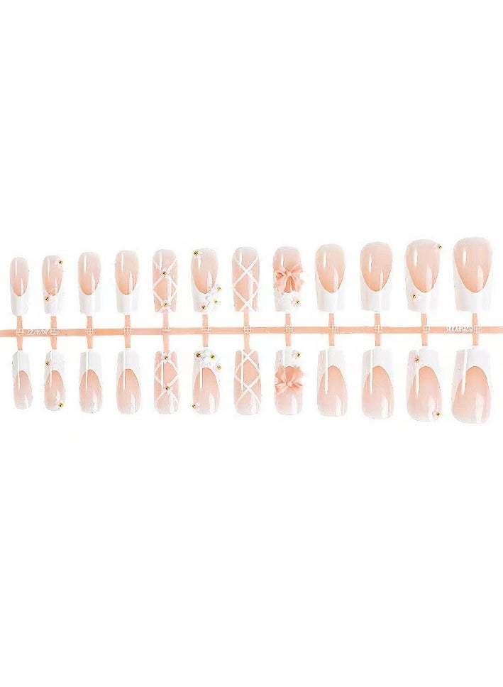 Goolsky French Tip Press on Nails Short Square Shape Bow Charms Fake Nails with Print Designs Reusable Pink Bows False Nails Acrylic Nails Glue on Nails for Women Girls Reusable Nail Kit - Image 5