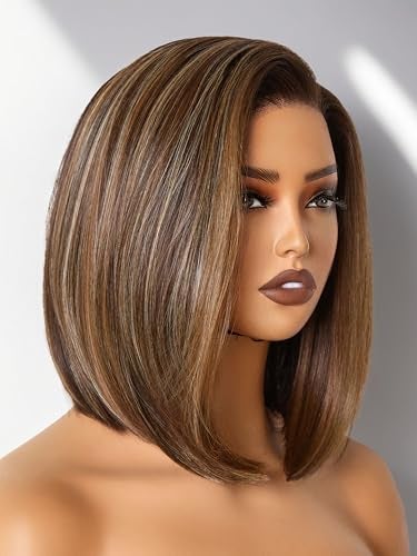 GORGIUS Brown Highlight Bob Lace Front Wig Glueless Straight Short Wigs Upgrade with HumanHairLike Sythetic Hair Pre Cut Pre Plucked Side Part Hairline 12 Inch - Image 1
