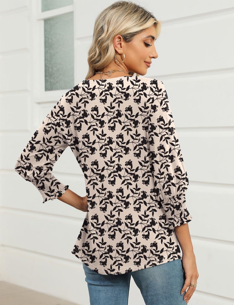 IECCP Elbow Length Tops for Women Womens Summer Tops 2026 Spring Smocked Puff 3/4 Sleeve Tee Shirts Apricot Black Floral,XL - Image 5