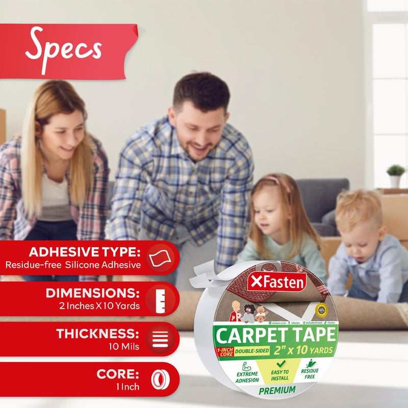 XFasten Double Sided Carpet Tape for Area Rugs 2 Inch x 10 Yards 1” Core Residue-Free Carpet Double Sided Rug Tape for Laminate Floors, Rug Tape Gripper for Carpet, Tape for Hardwood Floors - Image 3