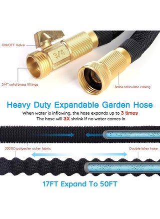 Garden Hose 50 FT, Expandable Garden Hose with 9 Spray Pattern Nozzle, 1/2'' & 3/4'' Solid Brass Connectors, Lightweight Durable 3800D Expandable Hose Pipe with 3 Layer Latex, Easy Storage - view 2