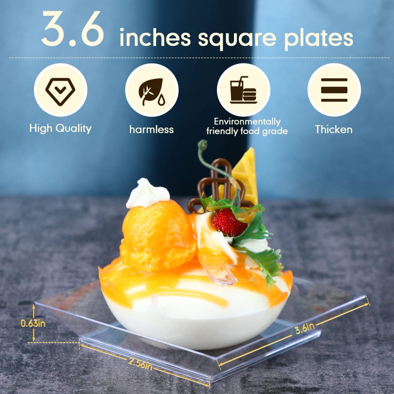 Zhehao 100 Pcs Clear Plastic Dessert Plates  3.6 Inch Small Dessert Plastic Square Plates Bulk Disposable for Cake Appetizer Parties Wedding Reception(Clear) - Image 2