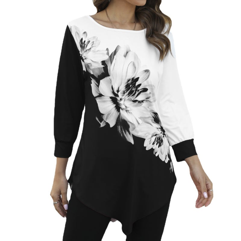 2023 European and American autumn and winter new trendy round neck 3D flower printing loose hem women's T-shirt black XL - Image 1