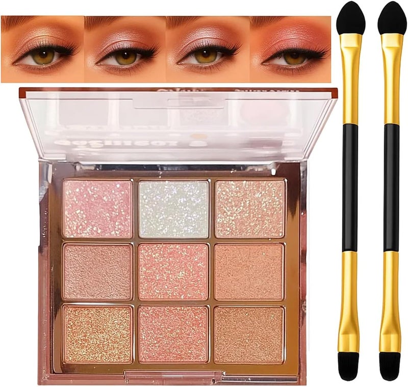 Glitter Eyeshadow Palette with 9 Holographic Shimmer Multichrome Shades 2 Gold DualEnded Brushes Waterproof Long Lasting Colorful Makeup for Women Smoky Soft Glam Look Snowy Sparkle