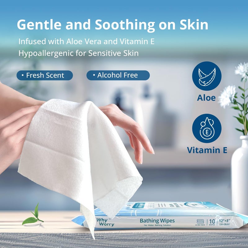 WhyWorry Ultra Thick Bathing Wipes for Adults Rinse Free, Large Body Wipes for Women, Men, Elderly Care & Cleaning, 8" x 12" Disposable Shower Washcloths for Gym & Camping, Fresh Scent, 50 Count - Image 4
