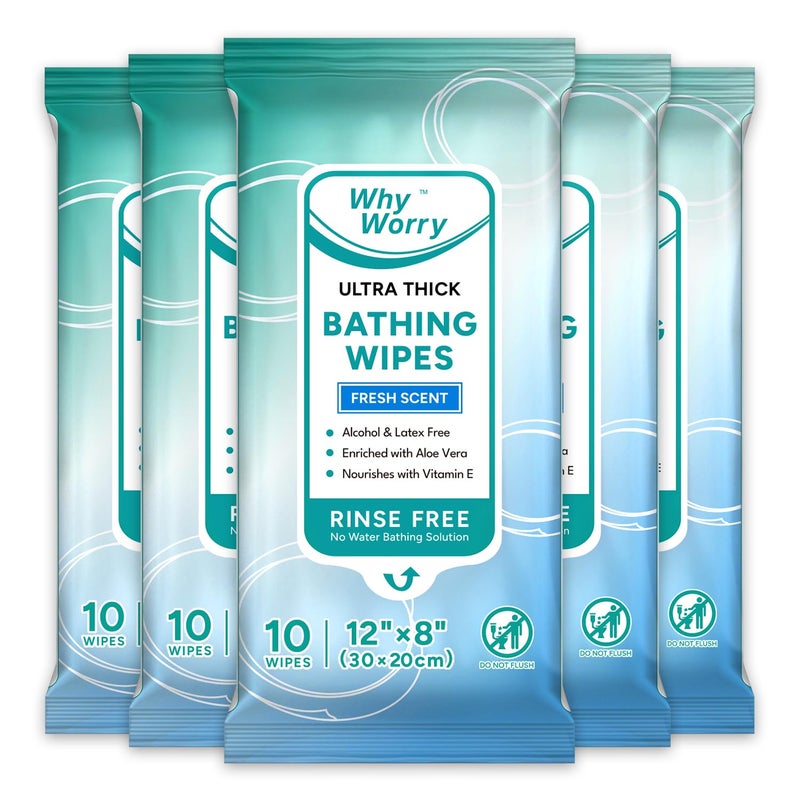 WhyWorry Ultra Thick Bathing Wipes for Adults Rinse Free, Large Body Wipes for Women, Men, Elderly Care & Cleaning, 8" x 12" Disposable Shower Washcloths for Gym & Camping, Fresh Scent, 50 Count - Image 1