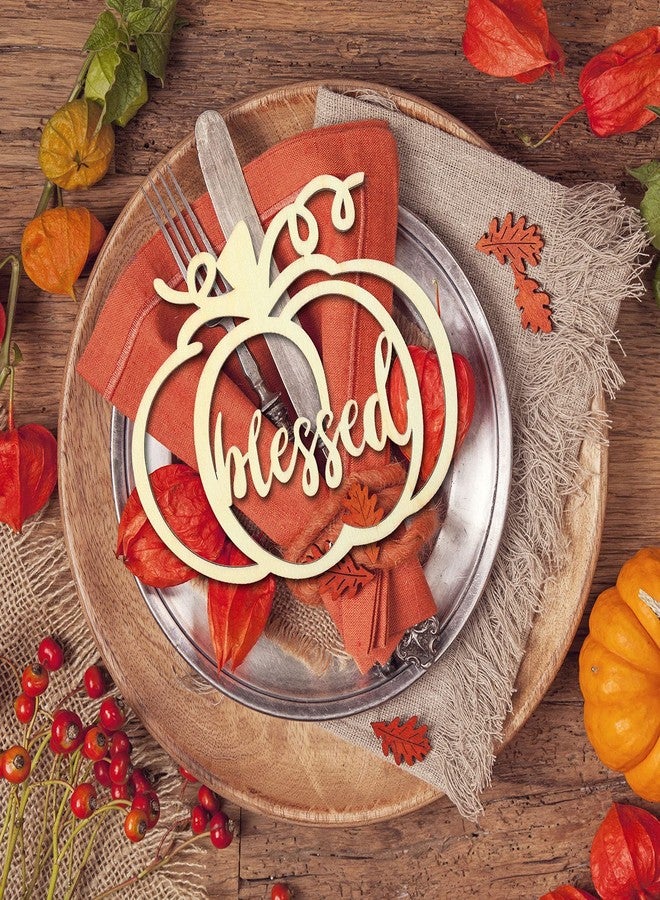 Yookeer 12 Pcs Thanksgiving Pumpkin Wooden Plate Decor Fall Thankful Grateful Blessed Place Card Settings Table Decor Thanksgiving Ideas Rustic Letter Sign(Chic Style) - Image 1