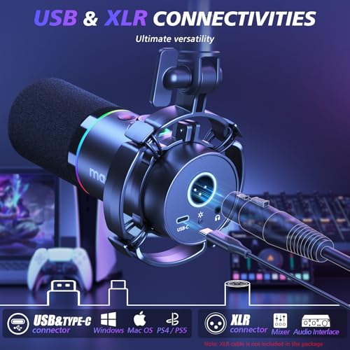 MAONO XLRUSB Dynamic Microphone Kit RGB Podcast Mic with Software Mute Gain Knob Volume Control Boom Arm for Streaming Gaming VoiceOver RecordingPD200XS Black - Image 3
