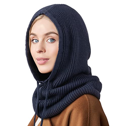 AQOKKA Hooded Scarf Hat Knit Balaclava Women Beanie Skull Cap with Drawstring Warm Winter Hats for Women Men Outdoor Sports - Image 1