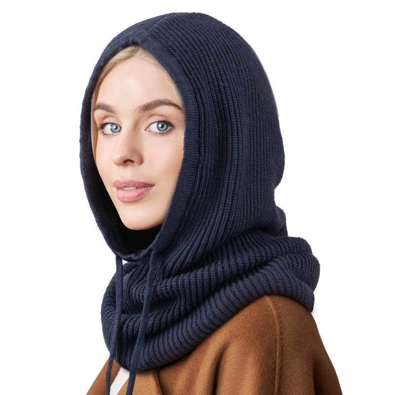 AQOKKA Hooded Scarf Hat Knit Balaclava Women Beanie Skull Cap with Drawstring Warm Winter Hats for Women Men Outdoor Sports - Image 2