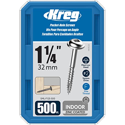Kreg SML-F125-500 Zinc Pocket Screws, 1 1/4 Inch, 7 Fine Thread, Maxi-Loc Head (500 Count) - Image 1