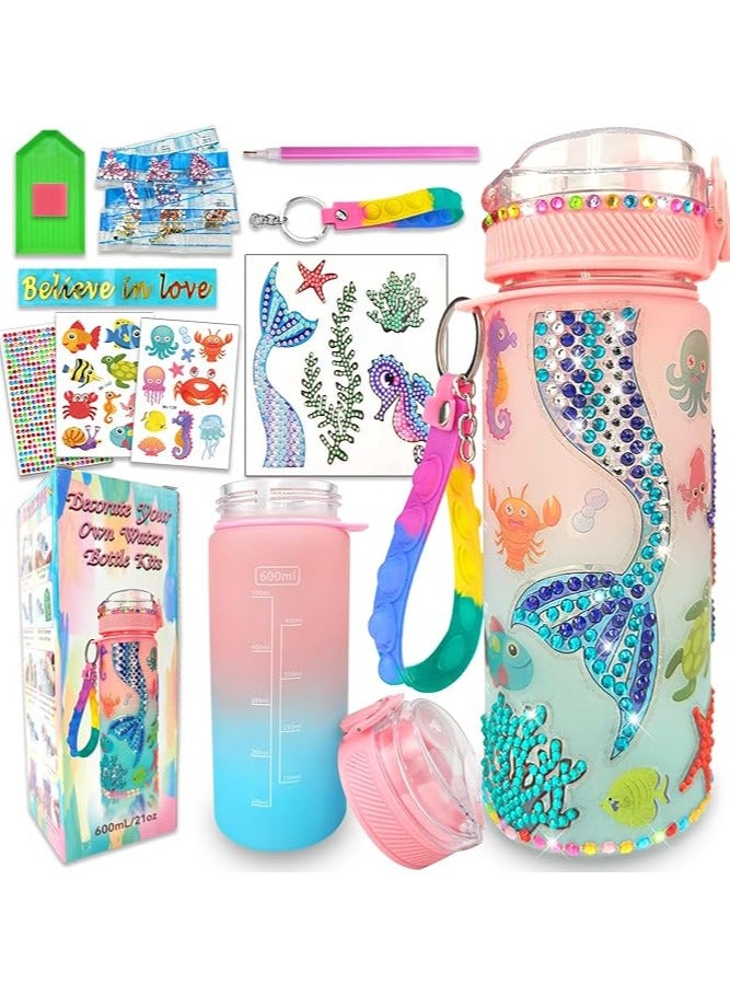 ريمي بيلا مجموعة زجاجات المياه على شكل حورية البحر  يمكن تزيينها باستخدام ملصقات أحجار كريمة مناسبة للفتيات من سن 4-6-8-10 سنوات - Image 1