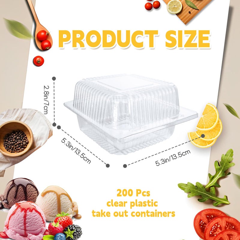 Jizvxe 200 Pcs Clear Plastic Take out Containers,Disposable Fancy Hinged Top Square Clamshell Food Boxes,Cake Slice Containers Clamshell Takeout Tray with Clear Lids,5.3x4.7x2.8 Inch - Image 2