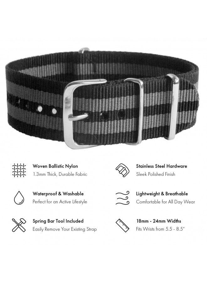Benchmark Basics Nylon Watch Band - Waterproof Ballistic Nylon One-Piece Military Watch Straps for Men & Women - Choice of Color & Width - 18mm, 20mm, 22mm or 24mm (20mm, Black/Grey Bond Striped) - Image 1