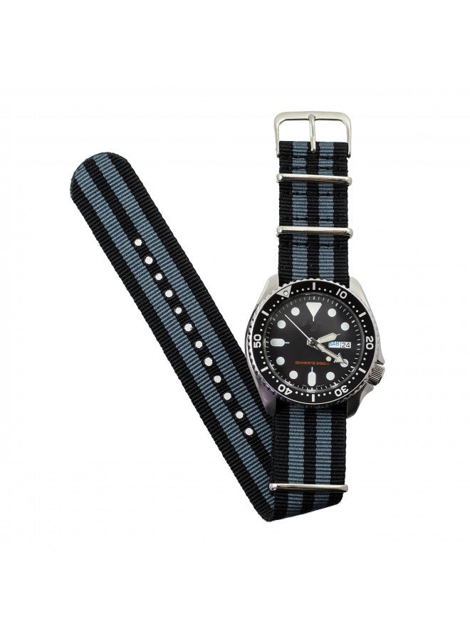 Benchmark Basics Nylon Watch Band - Waterproof Ballistic Nylon One-Piece Military Watch Straps for Men & Women - Choice of Color & Width - 18mm, 20mm, 22mm or 24mm (20mm, Black/Grey Bond Striped) - Image 4
