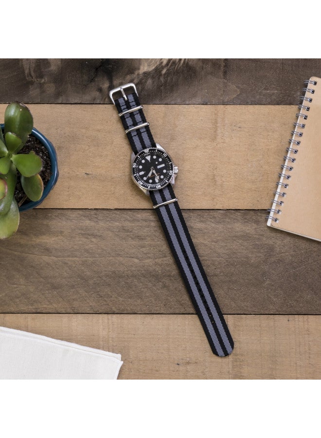 Benchmark Basics Nylon Watch Band - Waterproof Ballistic Nylon One-Piece Military Watch Straps for Men & Women - Choice of Color & Width - 18mm, 20mm, 22mm or 24mm (20mm, Black/Grey Bond Striped) - Image 3