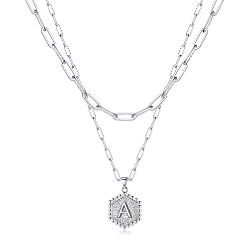 M MOOHAM Dainty Silver Necklaces for Women - Letter Initial A Necklace Choker Necklace Silver Layered Necklaces for Women Set - Image 1