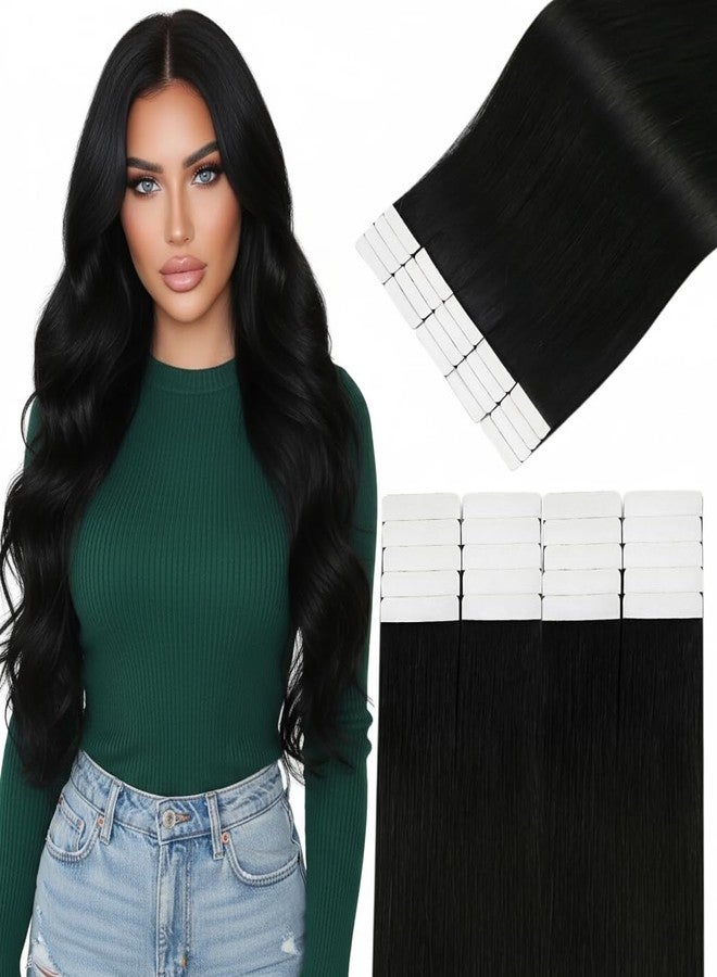 Easyouth Tape in Hair Extensions Human Hair Black Hair Extensions Tape in Jet Black Invisible Tapes in Human Hair Extension for Short Hair 30G 20Pcs 12 Inch - Image 1