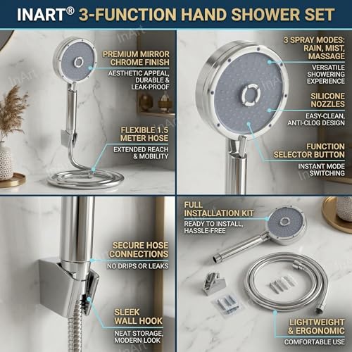 InArt® ABS 3-Function Hand Shower with 1.5 Meter Flexible Tube and Wall Hook, Chrome Finish | ABS Handheld Shower Head with Rain, Bubble Massage & Mist Spray | Easy-Clean Silicone Nozzles - Image 3
