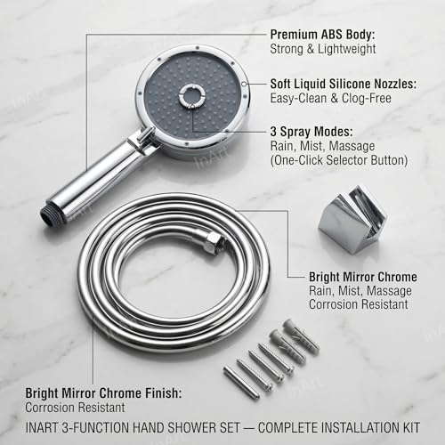 InArt® ABS 3-Function Hand Shower with 1.5 Meter Flexible Tube and Wall Hook, Chrome Finish | ABS Handheld Shower Head with Rain, Bubble Massage & Mist Spray | Easy-Clean Silicone Nozzles - Image 2