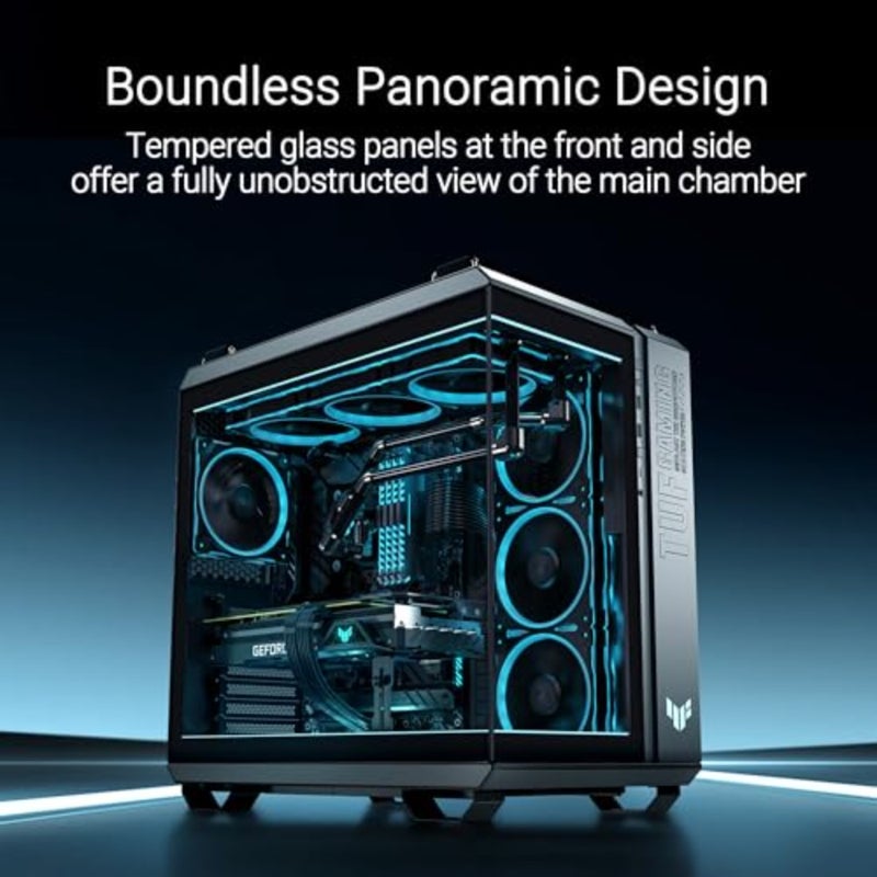 TUF Gaming GT502 Horizon ARGB Mid-Tower Case, Dual-Chamber Design, Panoramic Tempered Glass, 4x ARGB Fans, USB-C 20Gbps, Supports ATX/Micro-ATX/Mini-ITX and 360mm Radiators Black - Image 3