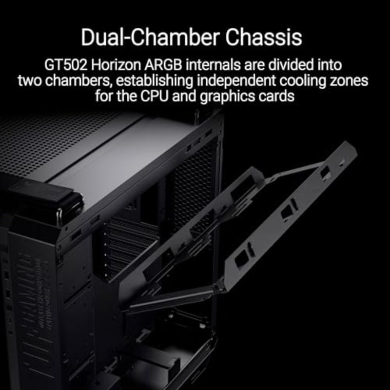 TUF Gaming GT502 Horizon ARGB Mid-Tower Case, Dual-Chamber Design, Panoramic Tempered Glass, 4x ARGB Fans, USB-C 20Gbps, Supports ATX/Micro-ATX/Mini-ITX and 360mm Radiators Black - Image 2