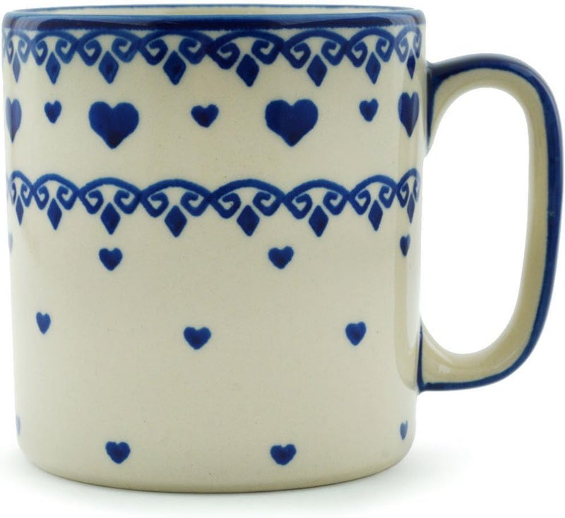Polmedia Polish Pottery Authentic Polish Pottery Mug 12 oz in Blue Valentine Hearts Design Handmade in Bolesawiec Poland by Ceramika Bona  Certificate of Authenticity - Image 1