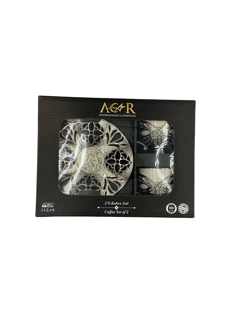 أكار طقم قهوة تركية فاخر من فنجانين مع حوامل وصحون بالتراث العثماني الأنيق باللون الفضي – صناعة تركية - Image 2